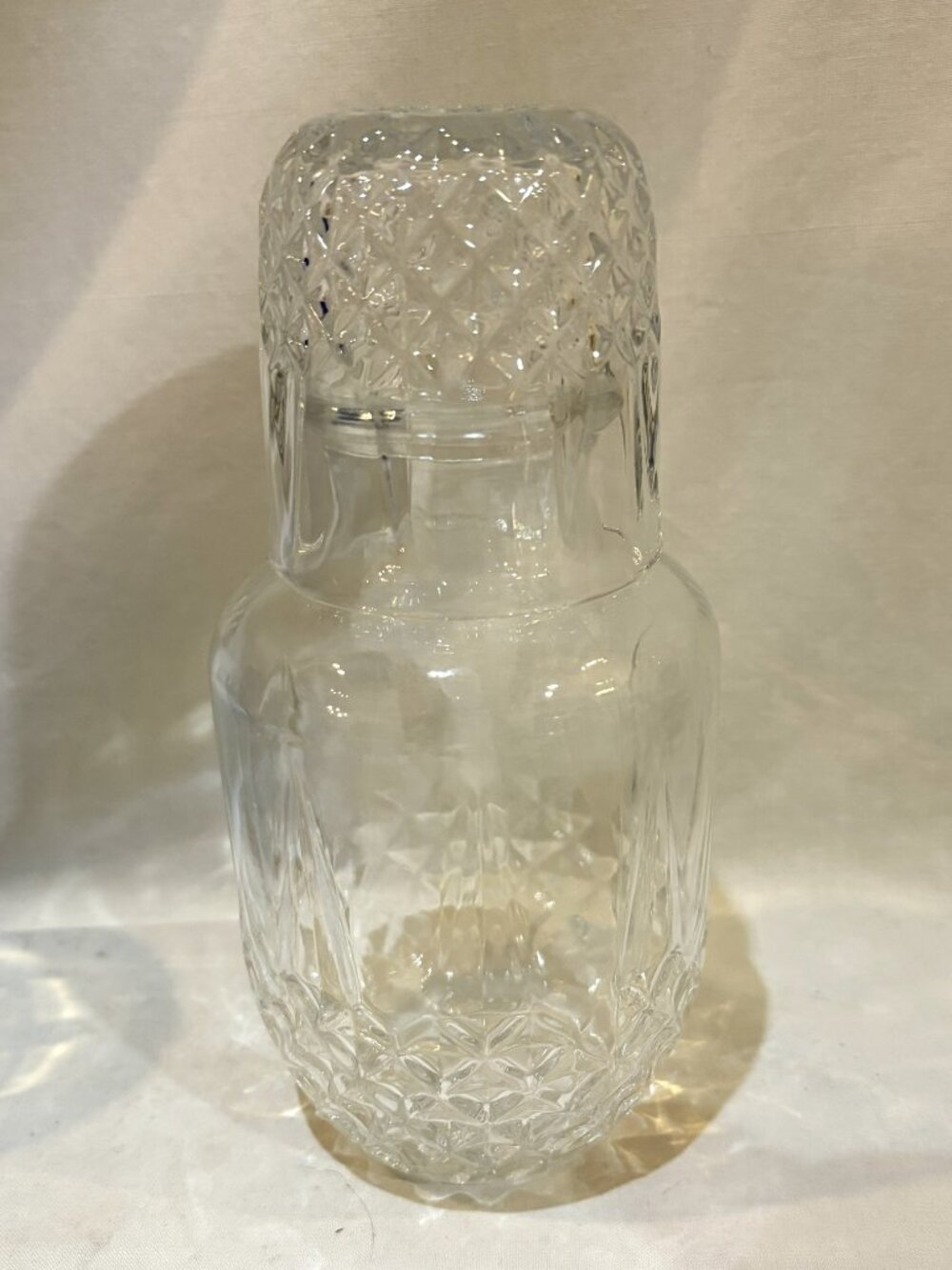 Clear Glass Bedside Water Carafe and Cup Set Diamond Cut Pattern